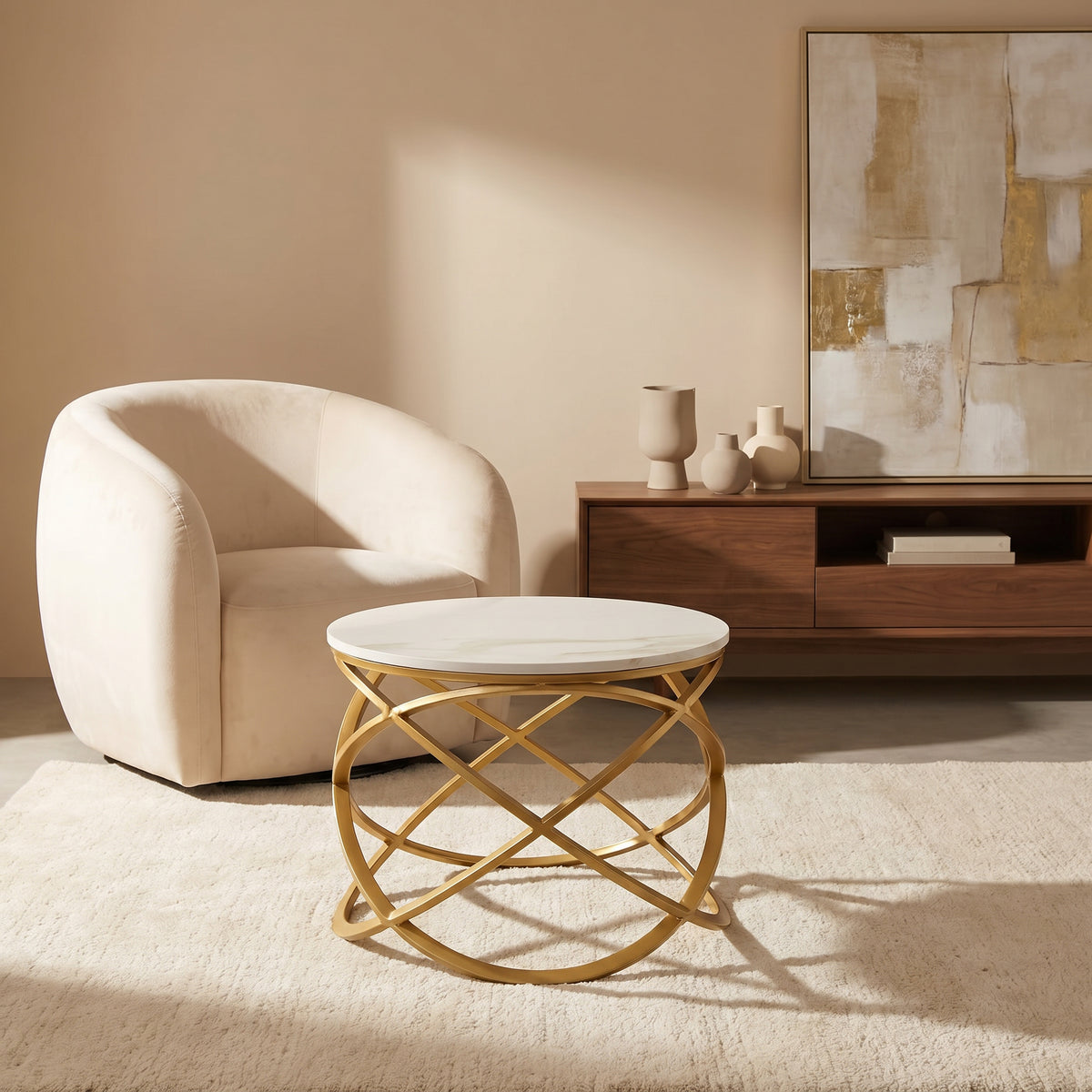 Modern Round Marble Side Table with Gold Base