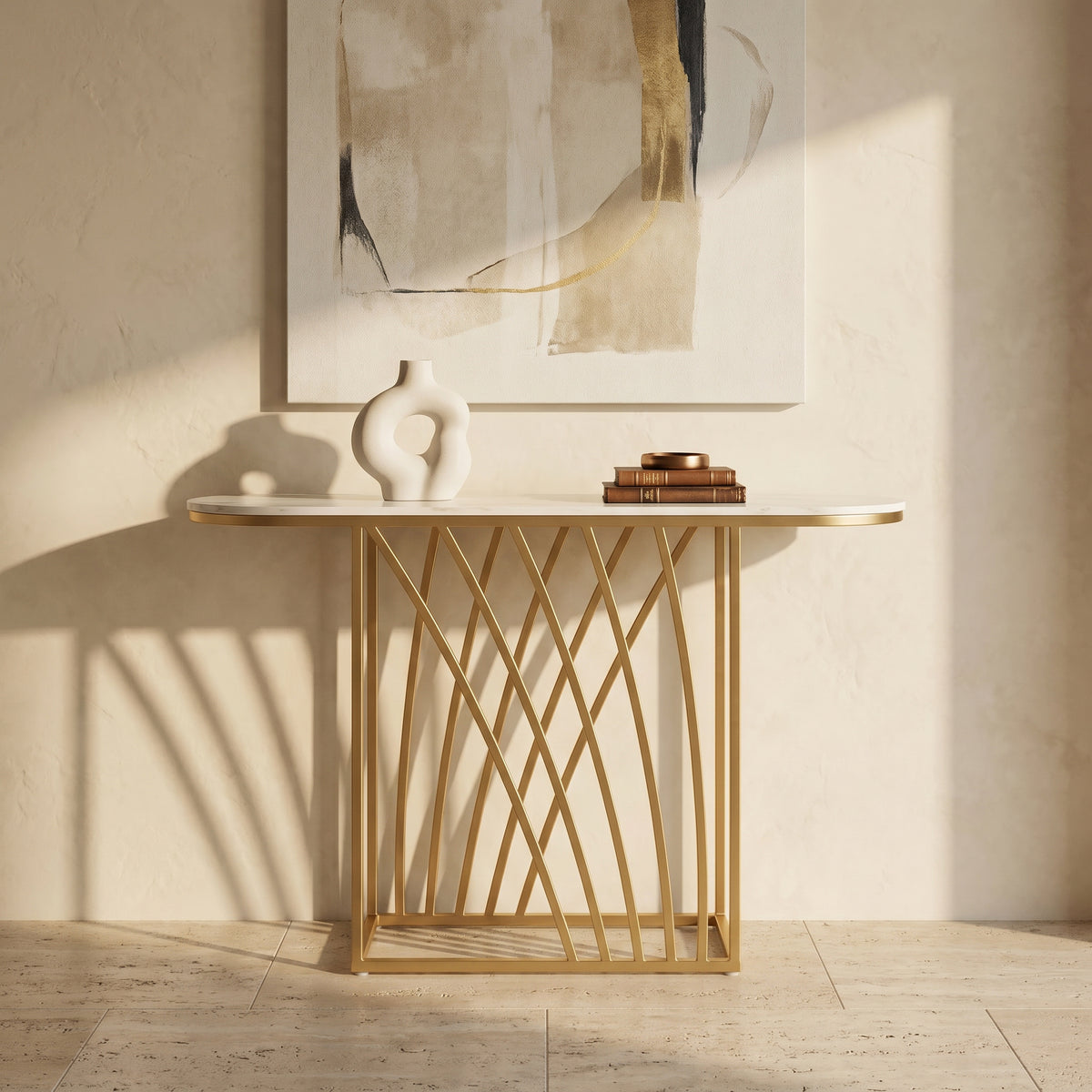 White Marble Console Table with Gold Base by Zodiya