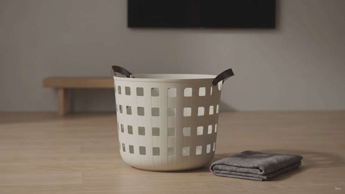 Cream Plastic Flexible Laundry Basket with Leather Handles by Zodiya