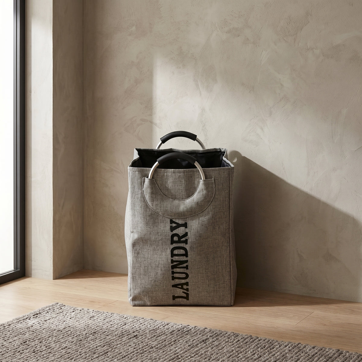 Grey Linen Laundry Bag with Ring Handles By Zodiya